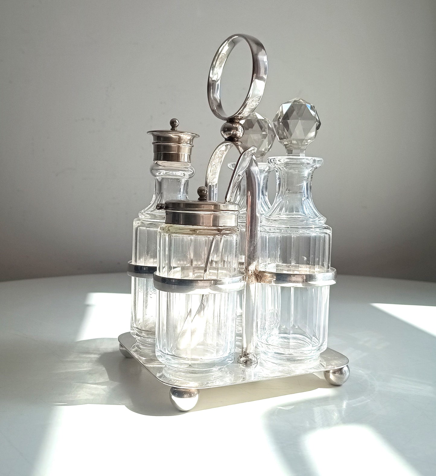 Antique Georgian Style Silver Plate Cruet Stand & 4 Cut Glass Condiment Bottles, England