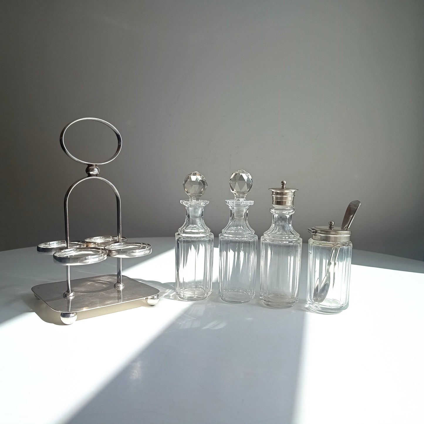 Antique Georgian Style Silver Plate Cruet Stand & 4 Cut Glass Condiment Bottles, England