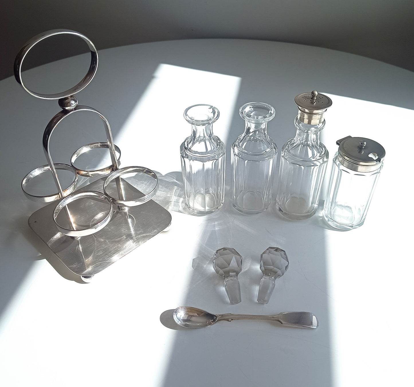 Antique Georgian Style Silver Plate Cruet Stand & 4 Cut Glass Condiment Bottles, England