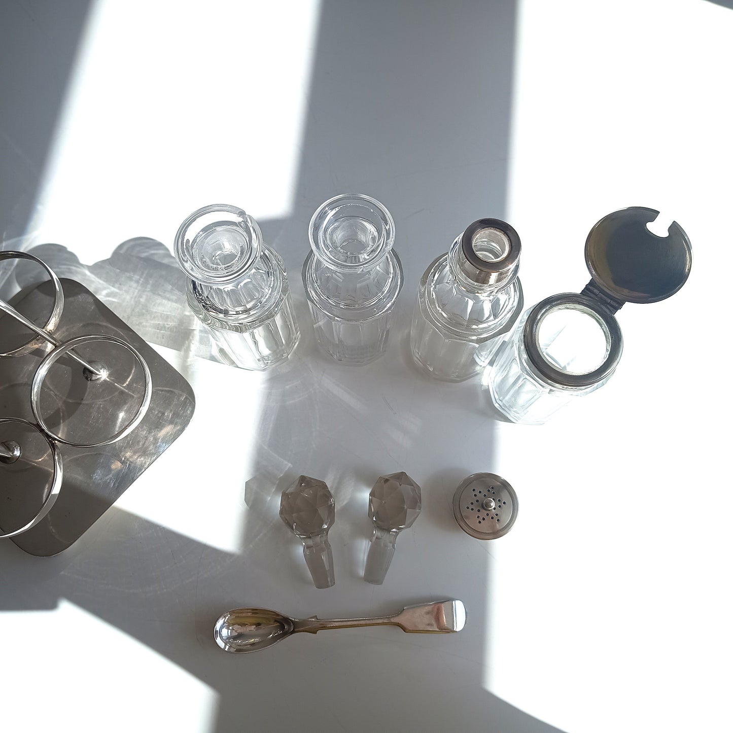 Antique Georgian Style Silver Plate Cruet Stand & 4 Cut Glass Condiment Bottles, England