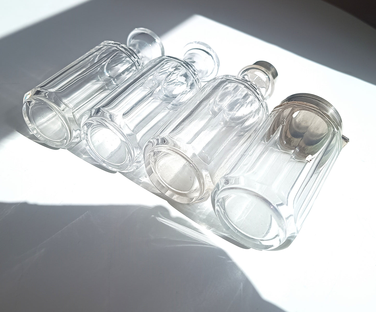 Antique Georgian Style Silver Plate Cruet Stand & 4 Cut Glass Condiment Bottles, England