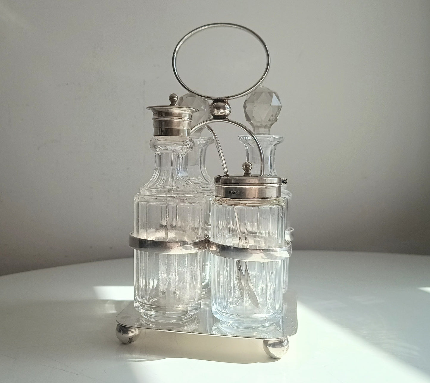 Antique Georgian Style Silver Plate Cruet Stand & 4 Cut Glass Condiment Bottles, England