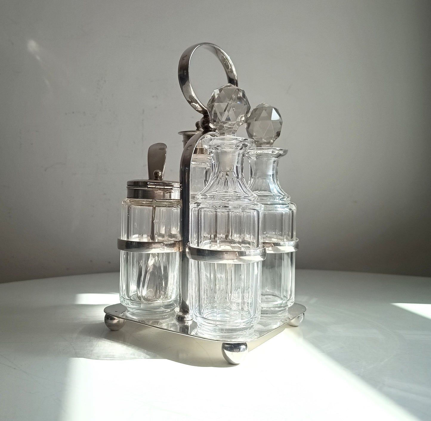 Antique Georgian Style Silver Plate Cruet Stand & 4 Cut Glass Condiment Bottles, England
