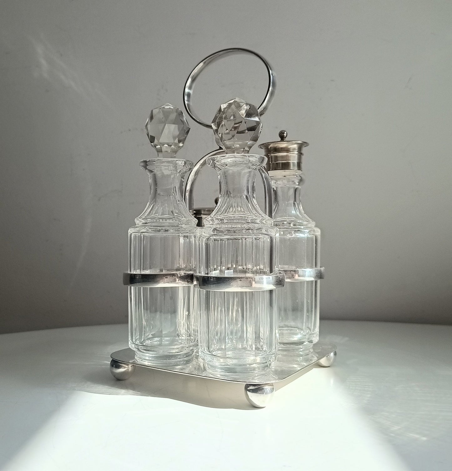 Antique Georgian Style Silver Plate Cruet Stand & 4 Cut Glass Condiment Bottles, England