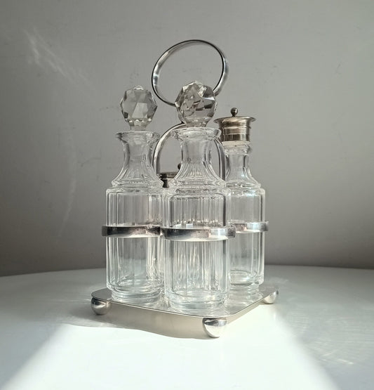 Antique Georgian Style Silver Plate Cruet Stand & 4 Cut Glass Condiment Bottles, England