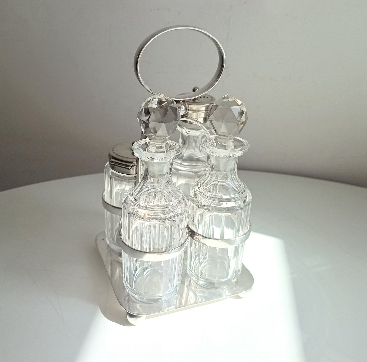 Antique Georgian Style Silver Plate Cruet Stand & 4 Cut Glass Condiment Bottles, England