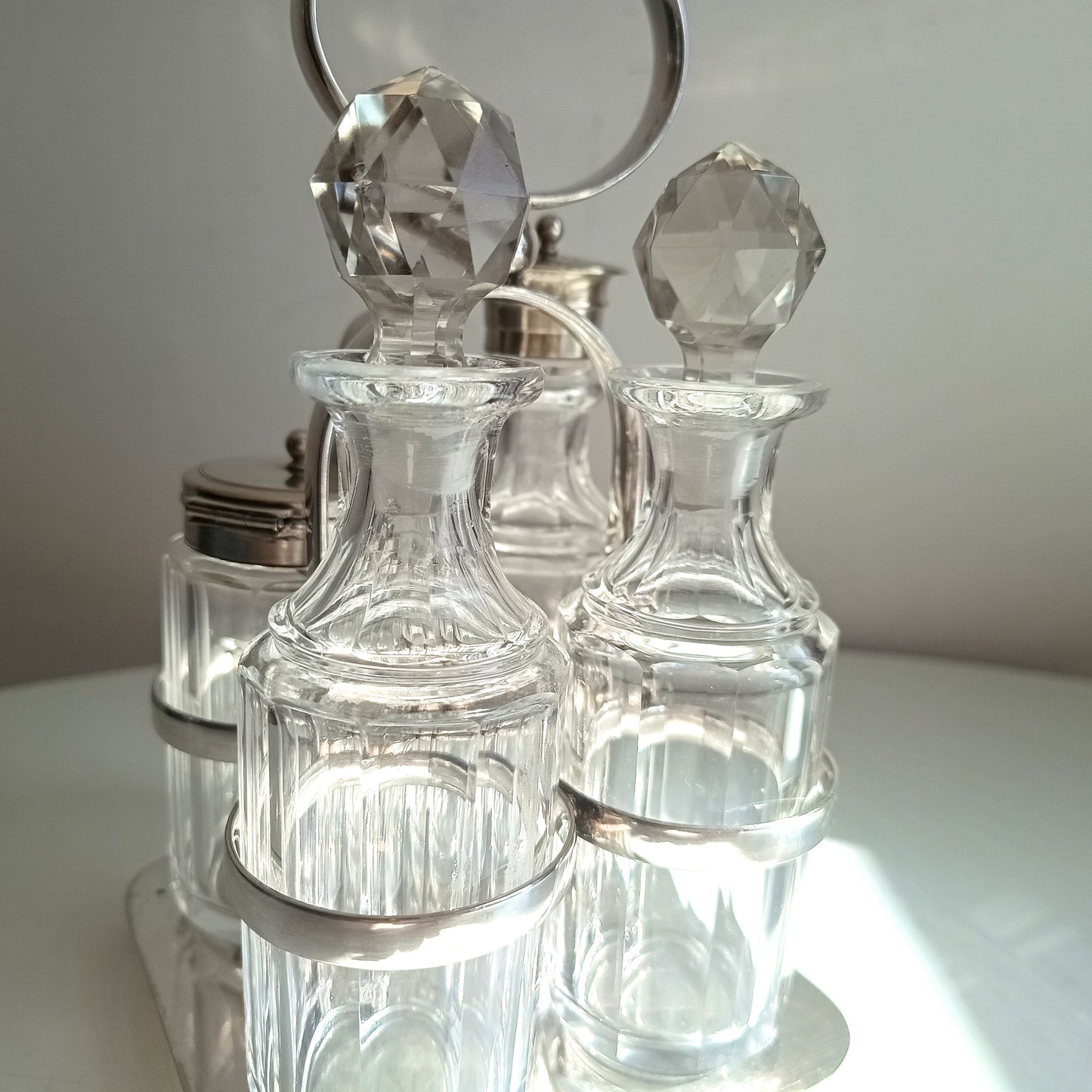 Antique Georgian Style Silver Plate Cruet Stand & 4 Cut Glass Condiment Bottles, England