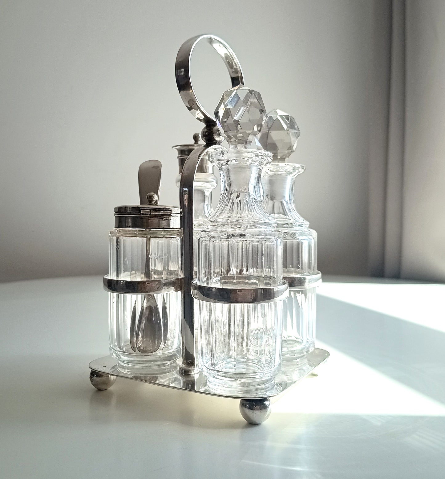 Antique Georgian Style Silver Plate Cruet Stand & 4 Cut Glass Condiment Bottles, England