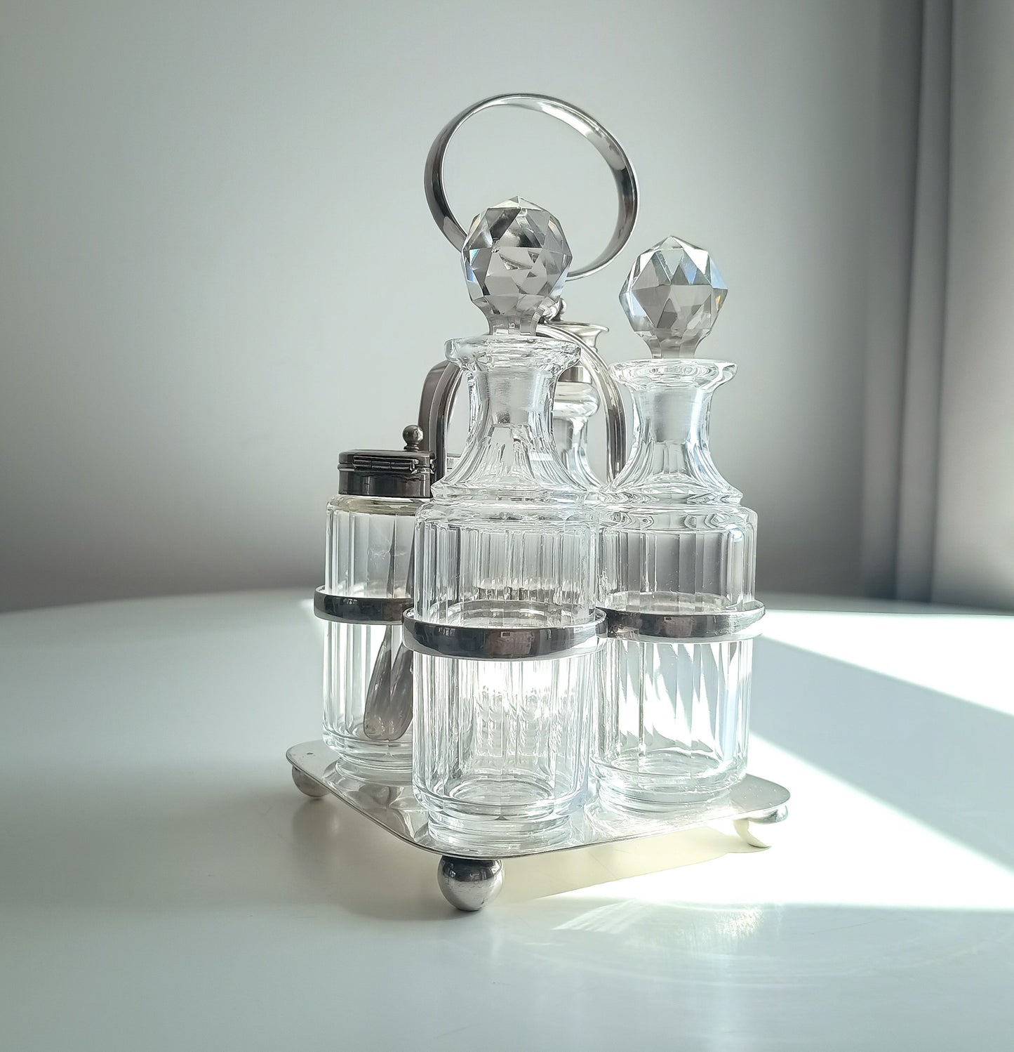 Antique Georgian Style Silver Plate Cruet Stand & 4 Cut Glass Condiment Bottles, England