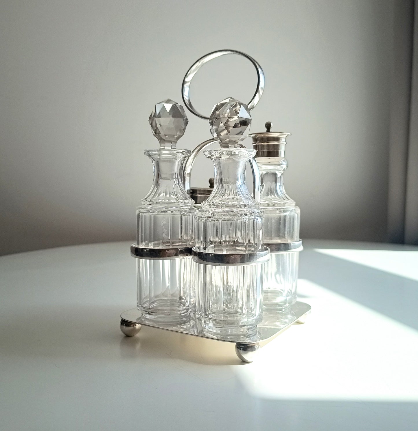 Antique Georgian Style Silver Plate Cruet Stand & 4 Cut Glass Condiment Bottles, England