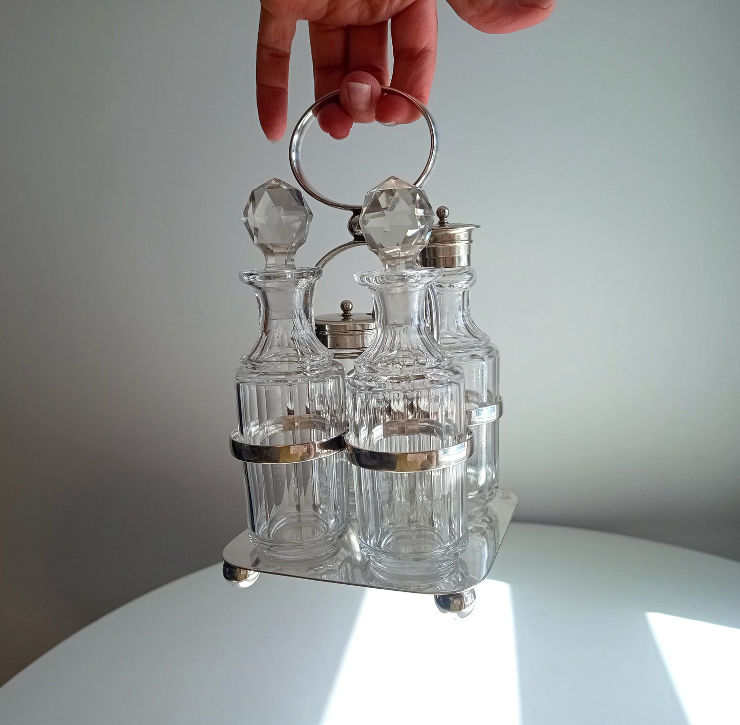 Antique Georgian Style Silver Plate Cruet Stand & 4 Cut Glass Condiment Bottles, England
