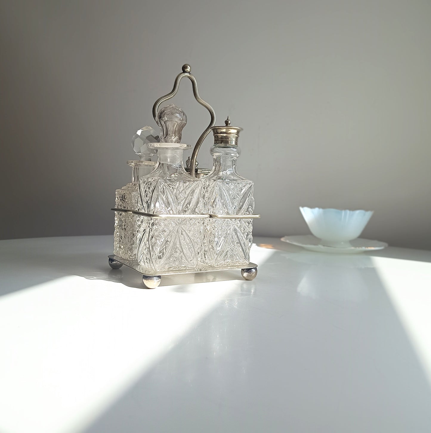 Antique Silver Plate Cruet Stand & 4 Cut Glass Condiment Bottles, England, circa 1915