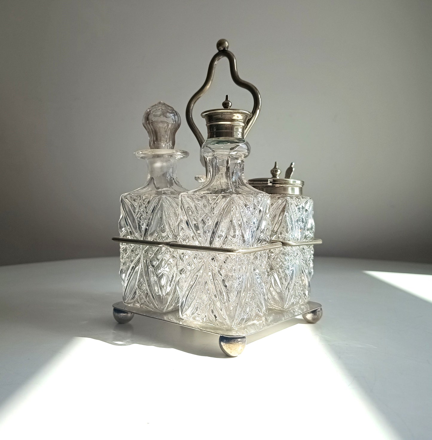 Antique Silver Plate Cruet Stand & 4 Cut Glass Condiment Bottles, England, circa 1915