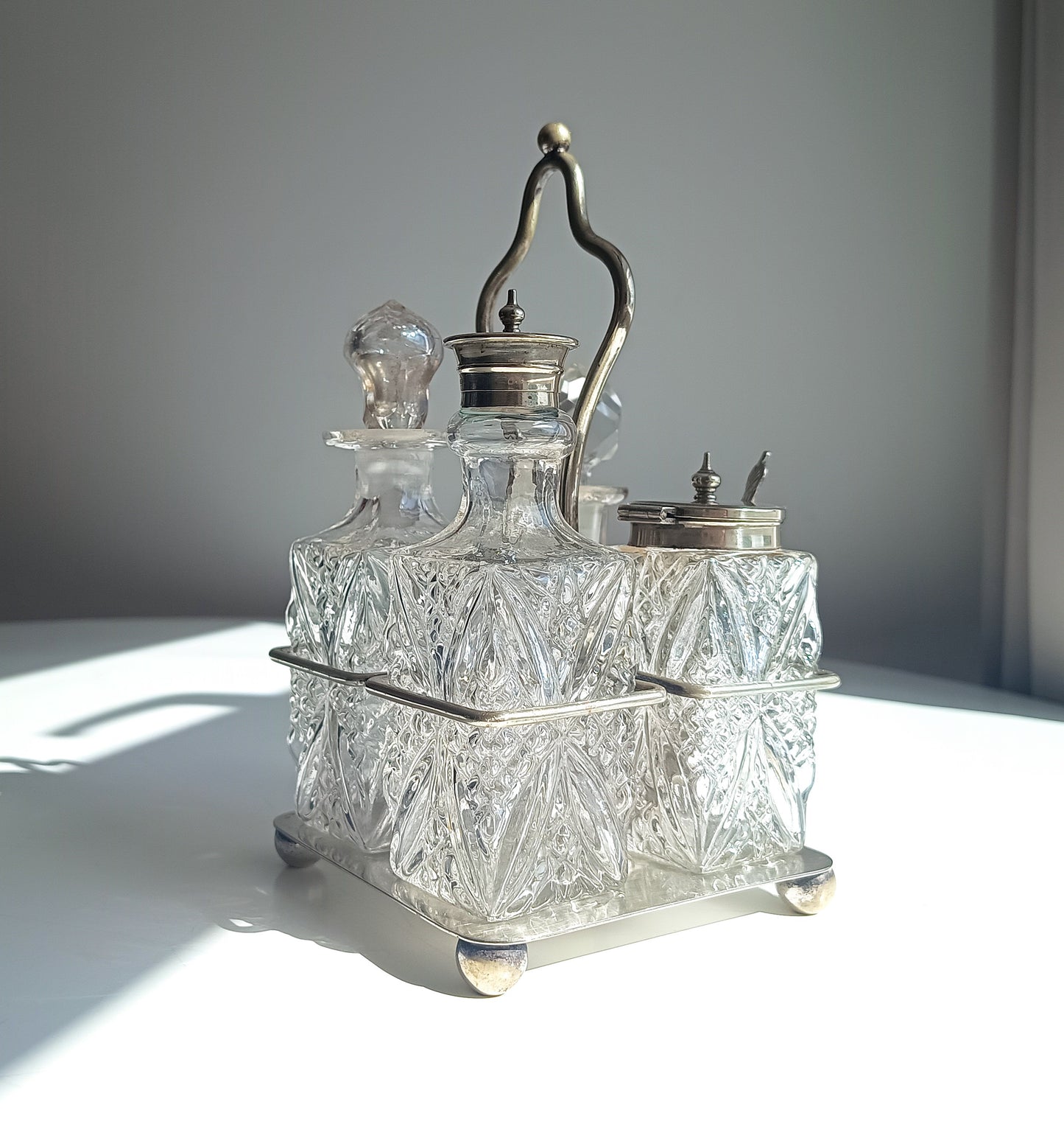 Antique Silver Plate Cruet Stand & 4 Cut Glass Condiment Bottles, England, circa 1915