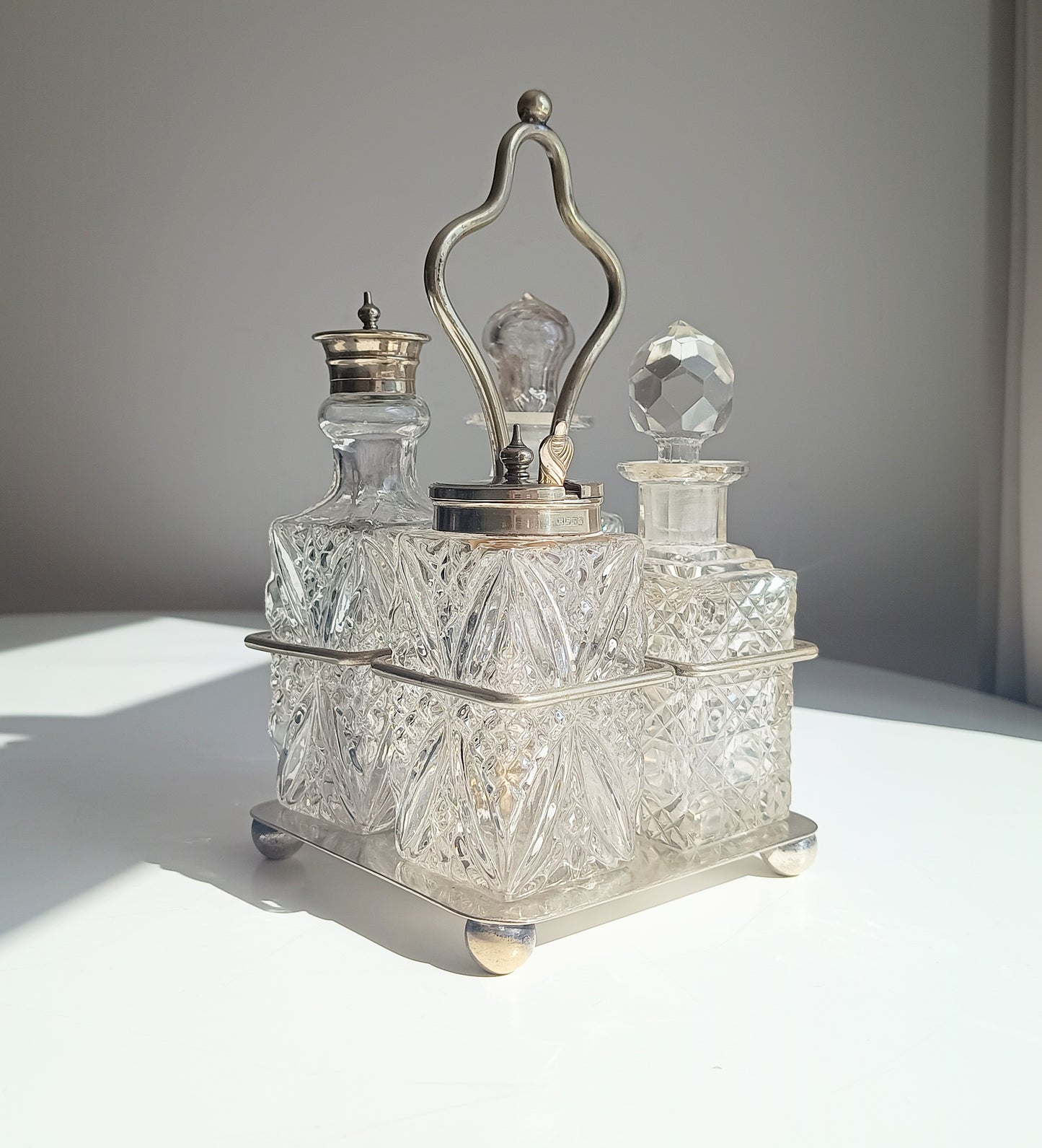 Antique Silver Plate Cruet Stand & 4 Cut Glass Condiment Bottles, England, circa 1915