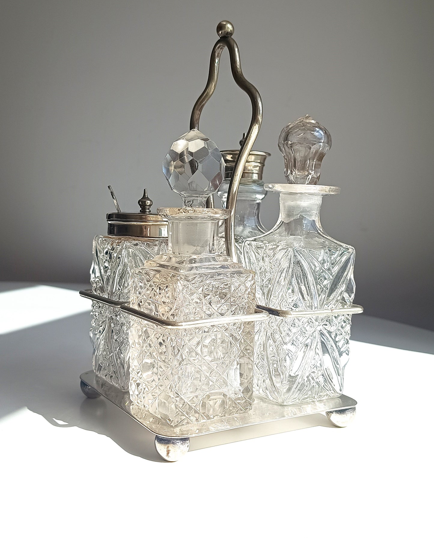 Antique Silver Plate Cruet Stand & 4 Cut Glass Condiment Bottles, England, circa 1915
