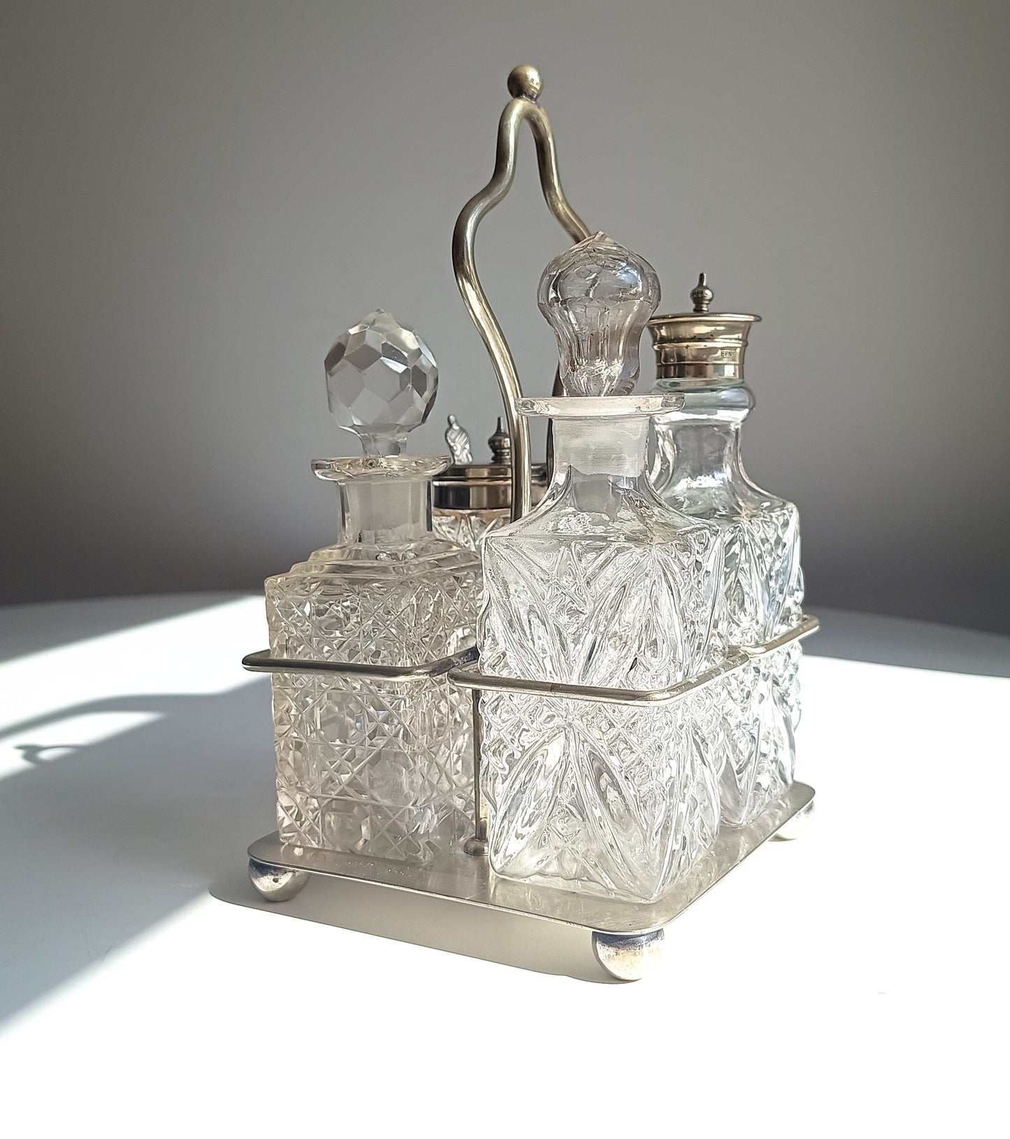Antique Silver Plate Cruet Stand & 4 Cut Glass Condiment Bottles, England, circa 1915