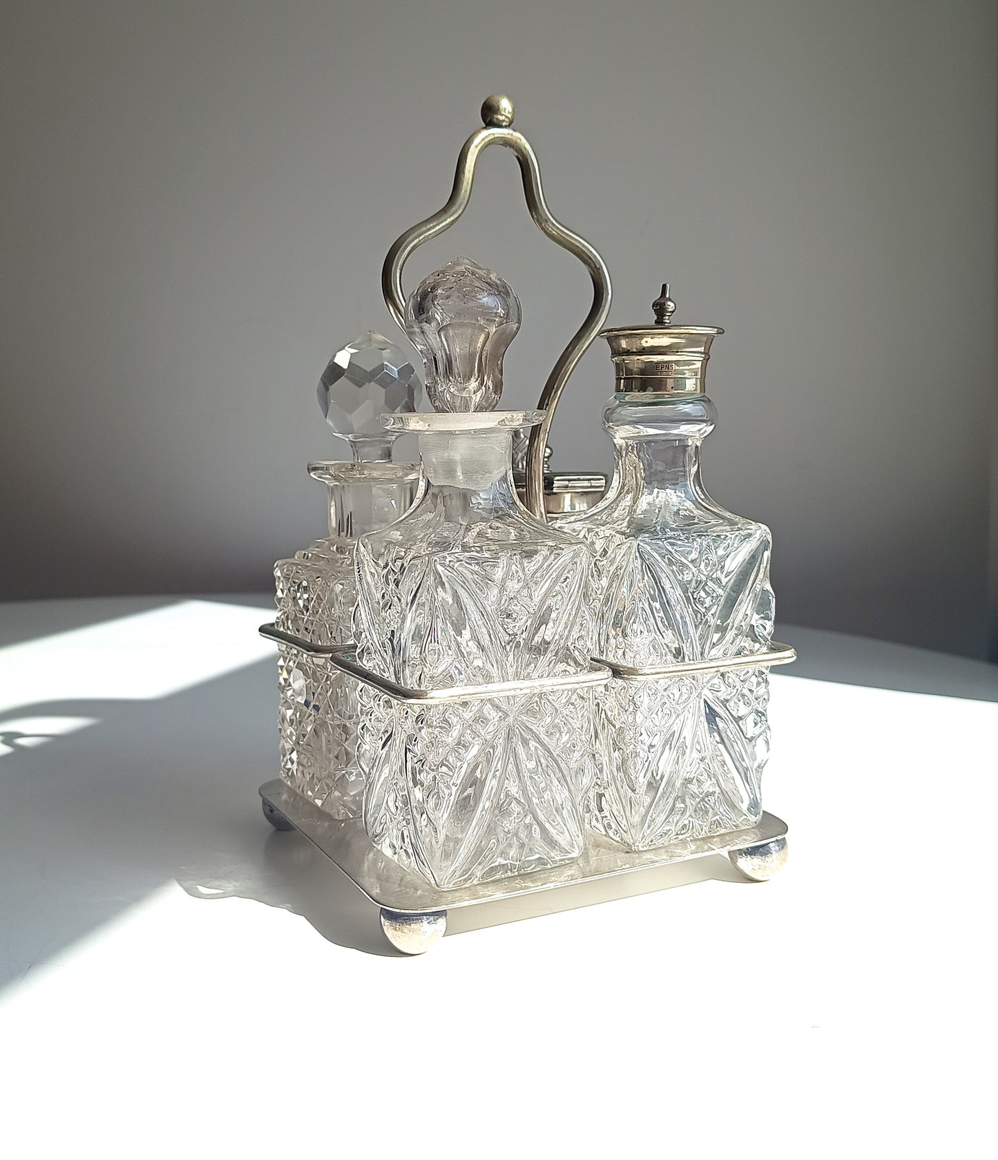 Antique Silver Plate Cruet Stand & 4 Cut Glass Condiment Bottles, England, circa 1915