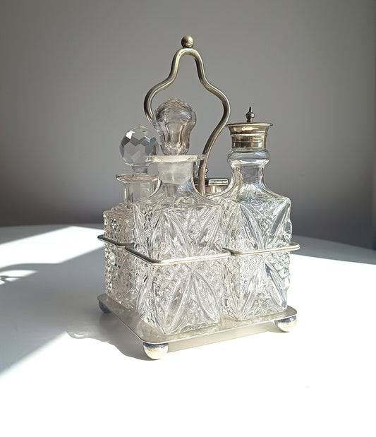 Antique Silver Plate Cruet Stand & 4 Cut Glass Condiment Bottles, England, circa 1915