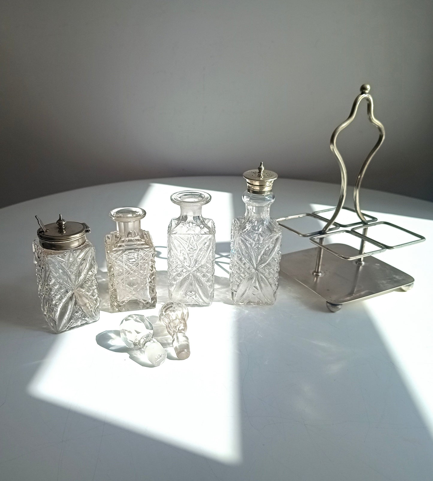 Antique Silver Plate Cruet Stand & 4 Cut Glass Condiment Bottles, England, circa 1915