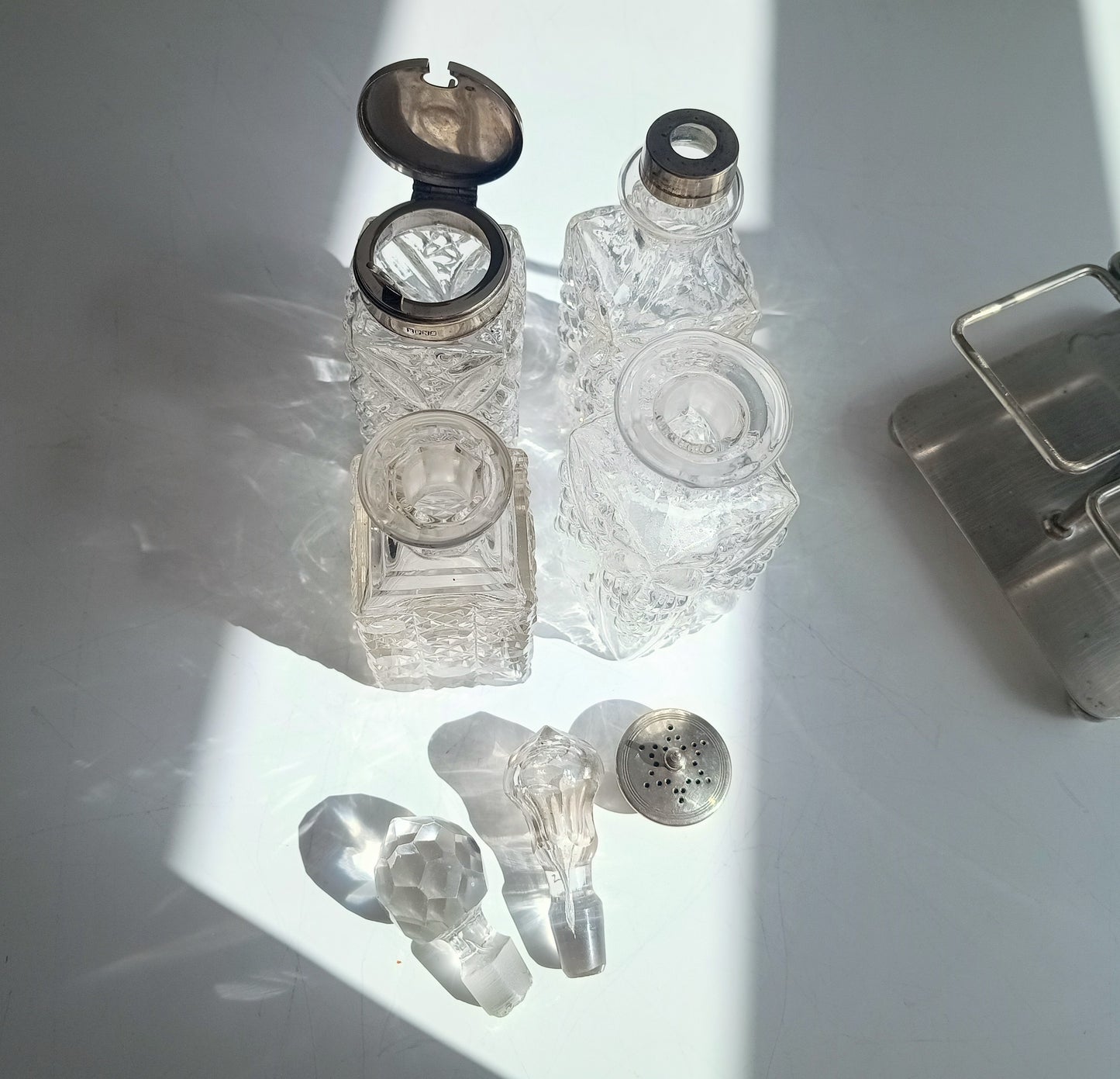 Antique Silver Plate Cruet Stand & 4 Cut Glass Condiment Bottles, England, circa 1915