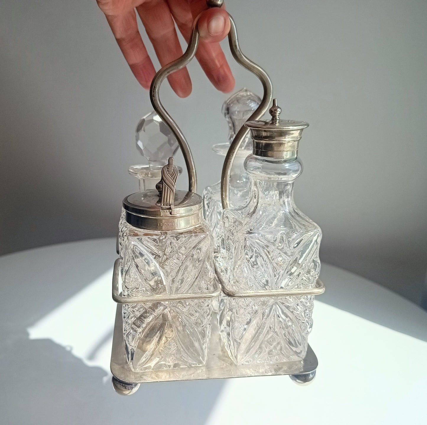 Antique Silver Plate Cruet Stand & 4 Cut Glass Condiment Bottles, England, circa 1915