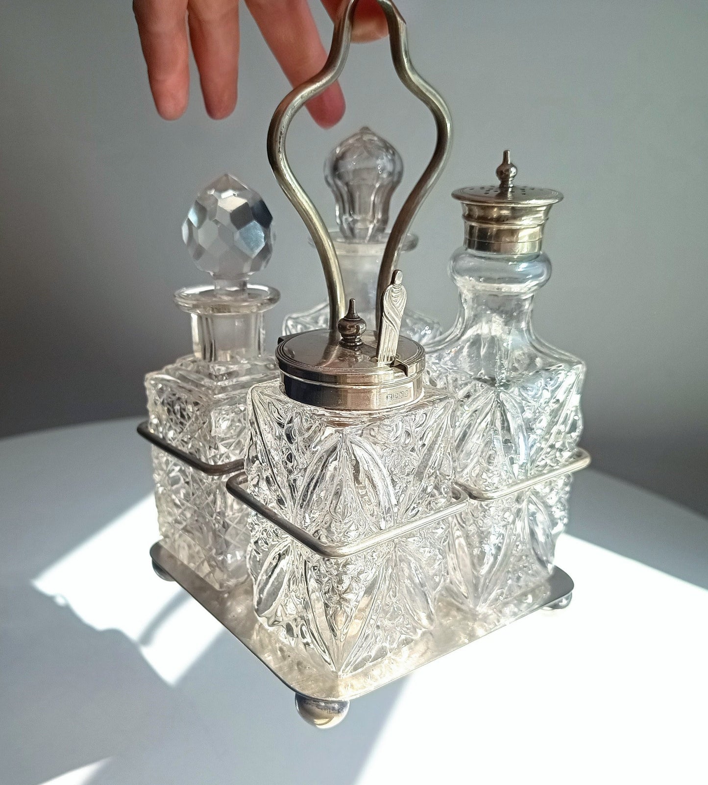 Antique Silver Plate Cruet Stand & 4 Cut Glass Condiment Bottles, England, circa 1915