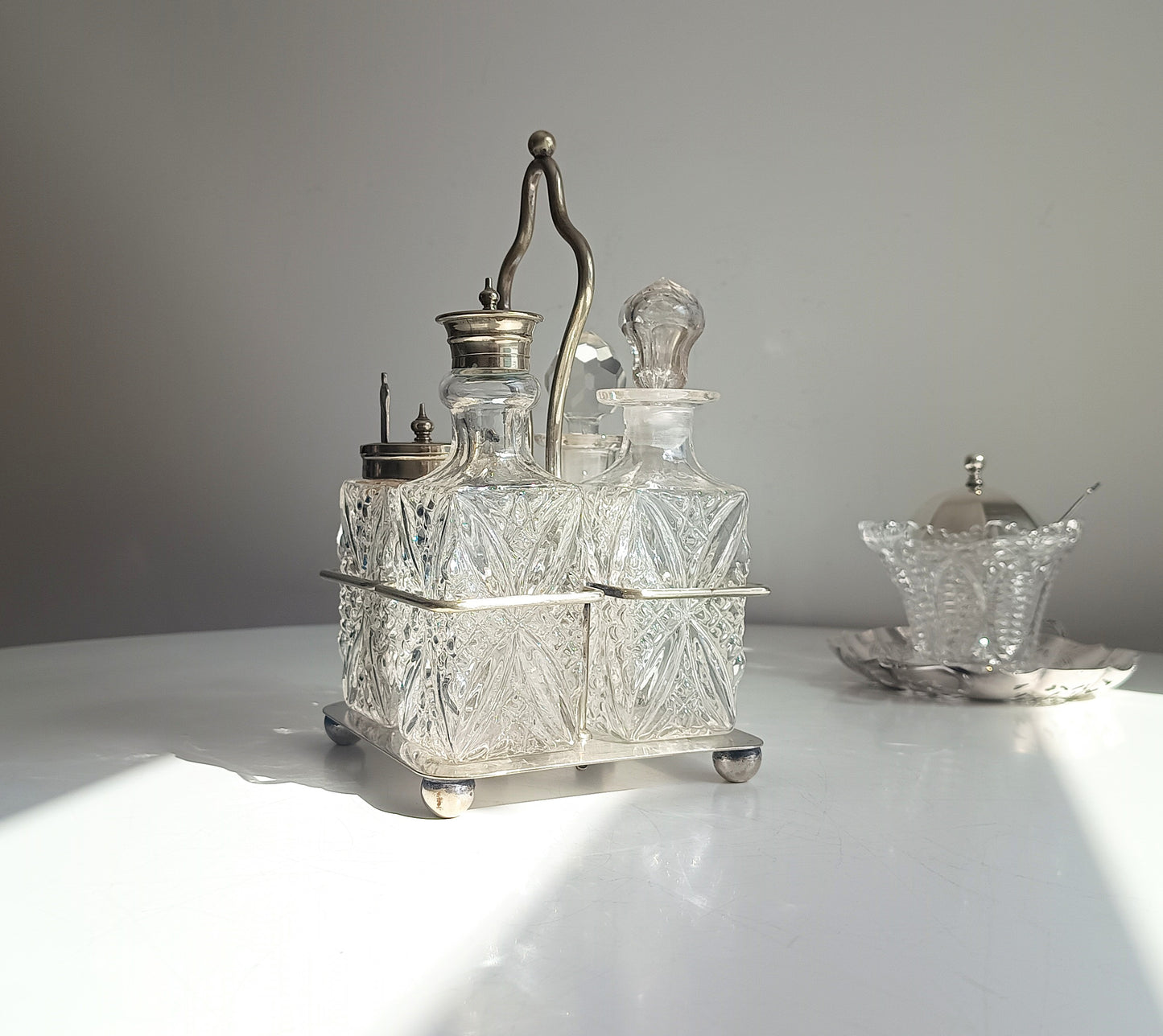 Antique Silver Plate Cruet Stand & 4 Cut Glass Condiment Bottles, England, circa 1915