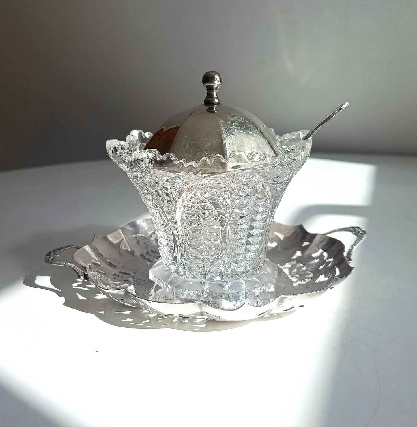 Vintage English Cut Crystal Silver Plate and Cut Glass Marmalade / Jelly Jar
