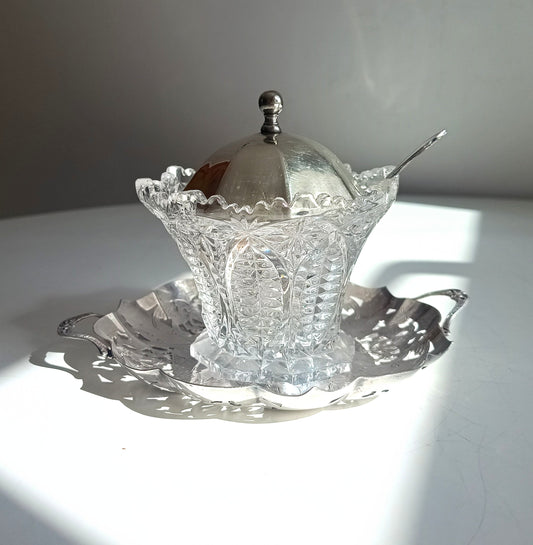 Vintage English Cut Crystal Silver Plate and Cut Glass Marmalade / Jelly Jar