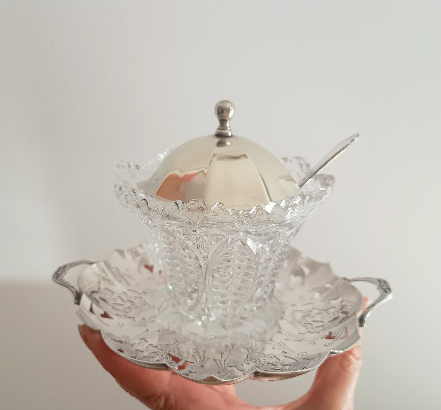 Vintage English Cut Crystal Silver Plate and Cut Glass Marmalade / Jelly Jar
