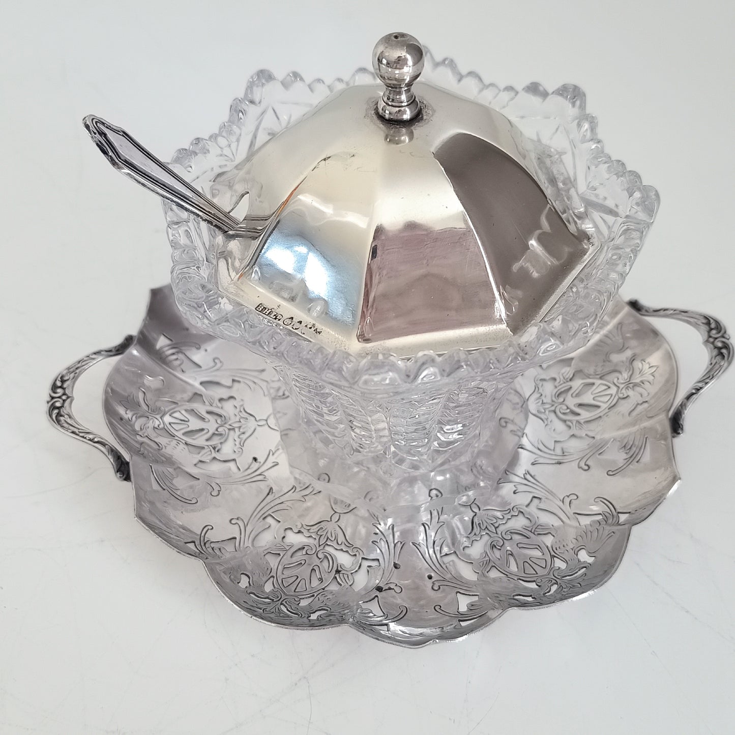 Vintage English Cut Crystal Silver Plate and Cut Glass Marmalade / Jelly Jar