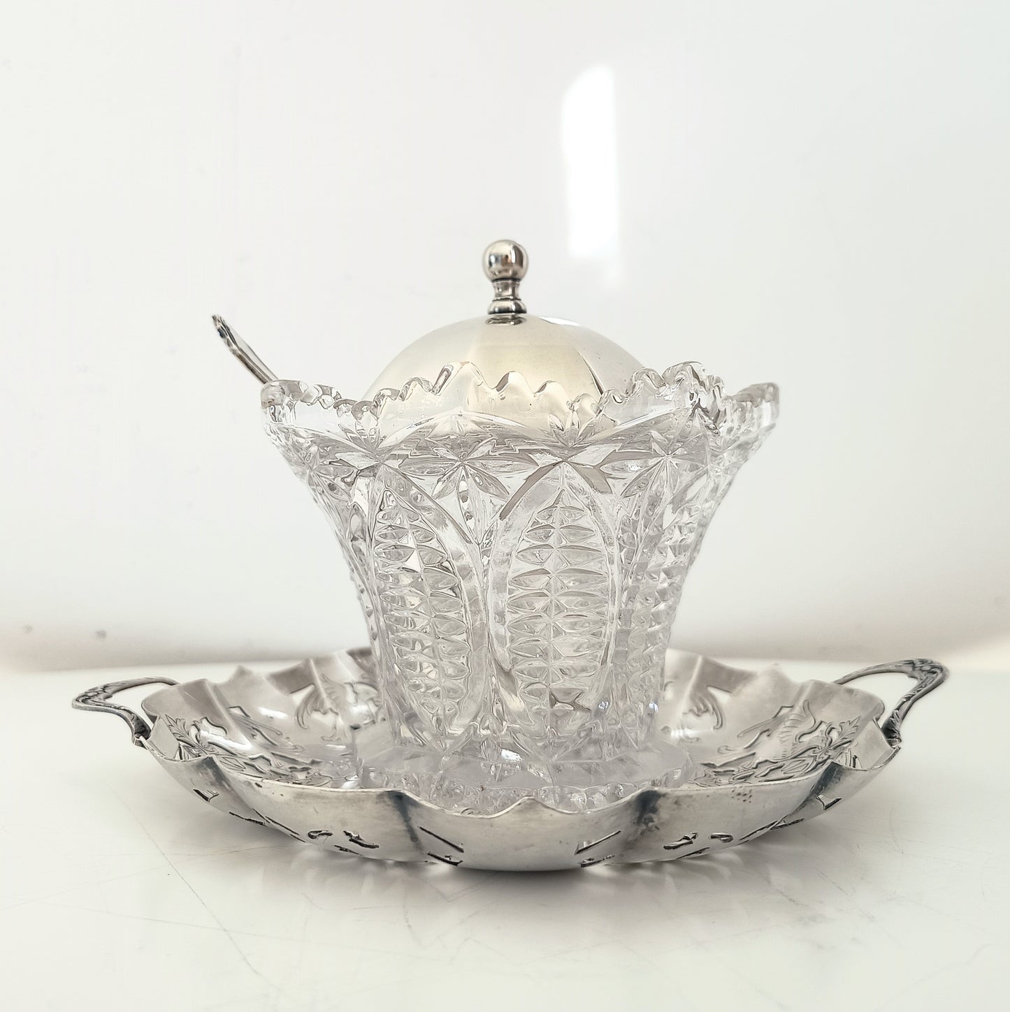 Vintage English Cut Crystal Silver Plate and Cut Glass Marmalade / Jelly Jar