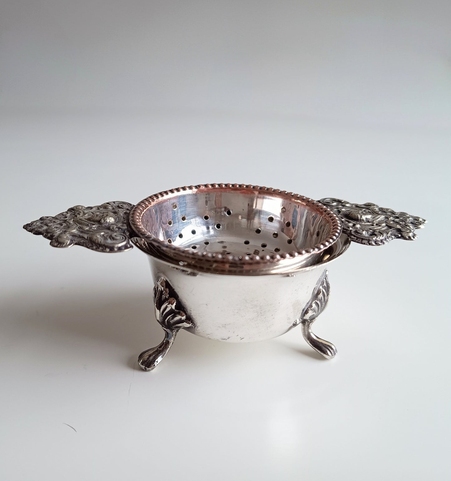 Antique Renaissance Revival Silver Plate 2-Part Tea Strainer, Belle Epoque England c 1890