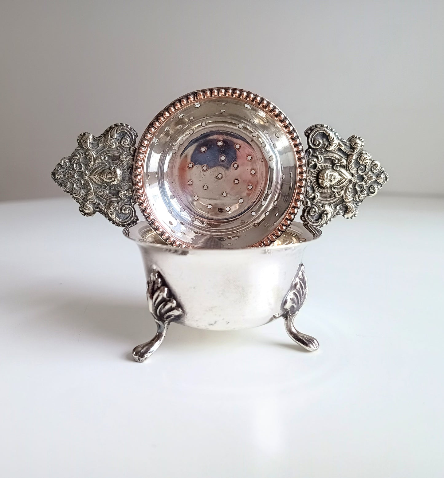 Antique Renaissance Revival Silver Plate 2-Part Tea Strainer, Belle Epoque England c 1890