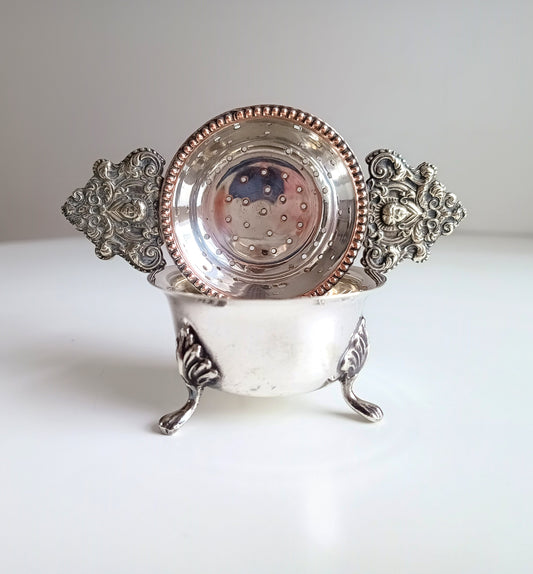 Antique Renaissance Revival Silver Plate 2-Part Tea Strainer, Belle Epoque England c 1890