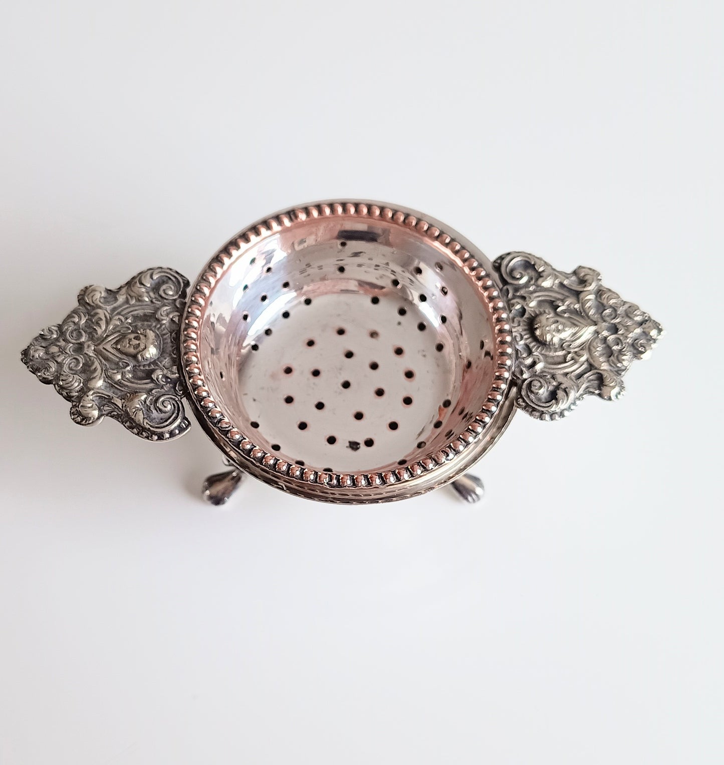 Antique Renaissance Revival Silver Plate 2-Part Tea Strainer, Belle Epoque England c 1890