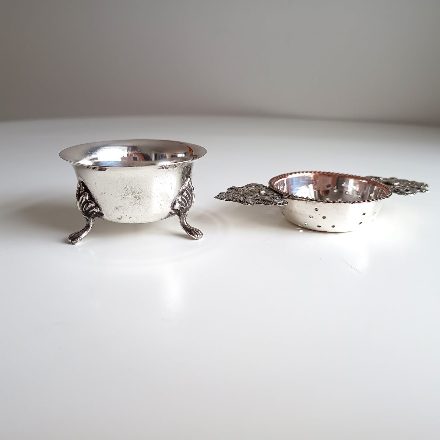 Antique Renaissance Revival Silver Plate 2-Part Tea Strainer, Belle Epoque England c 1890
