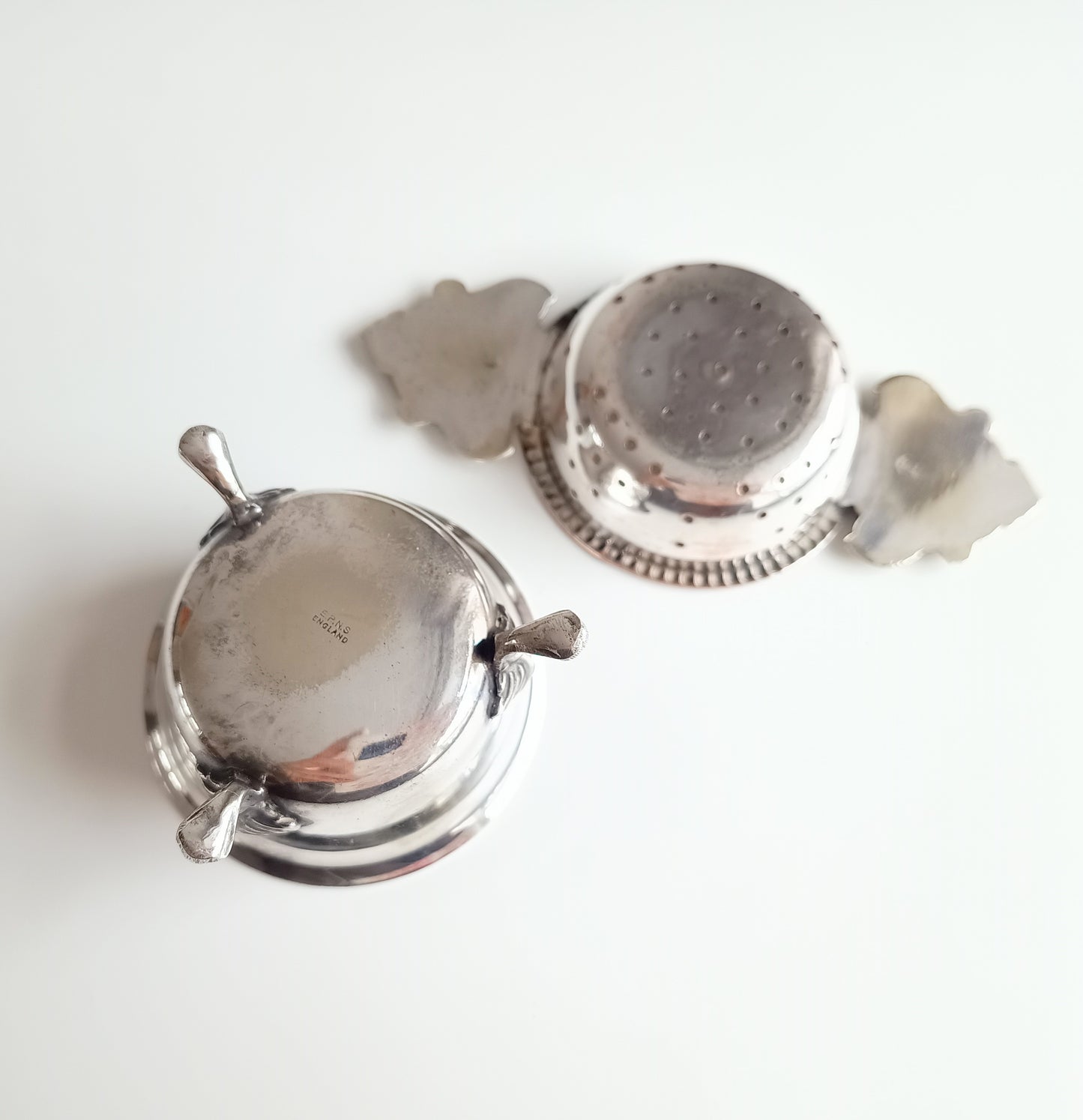 Antique Renaissance Revival Silver Plate 2-Part Tea Strainer, Belle Epoque England c 1890