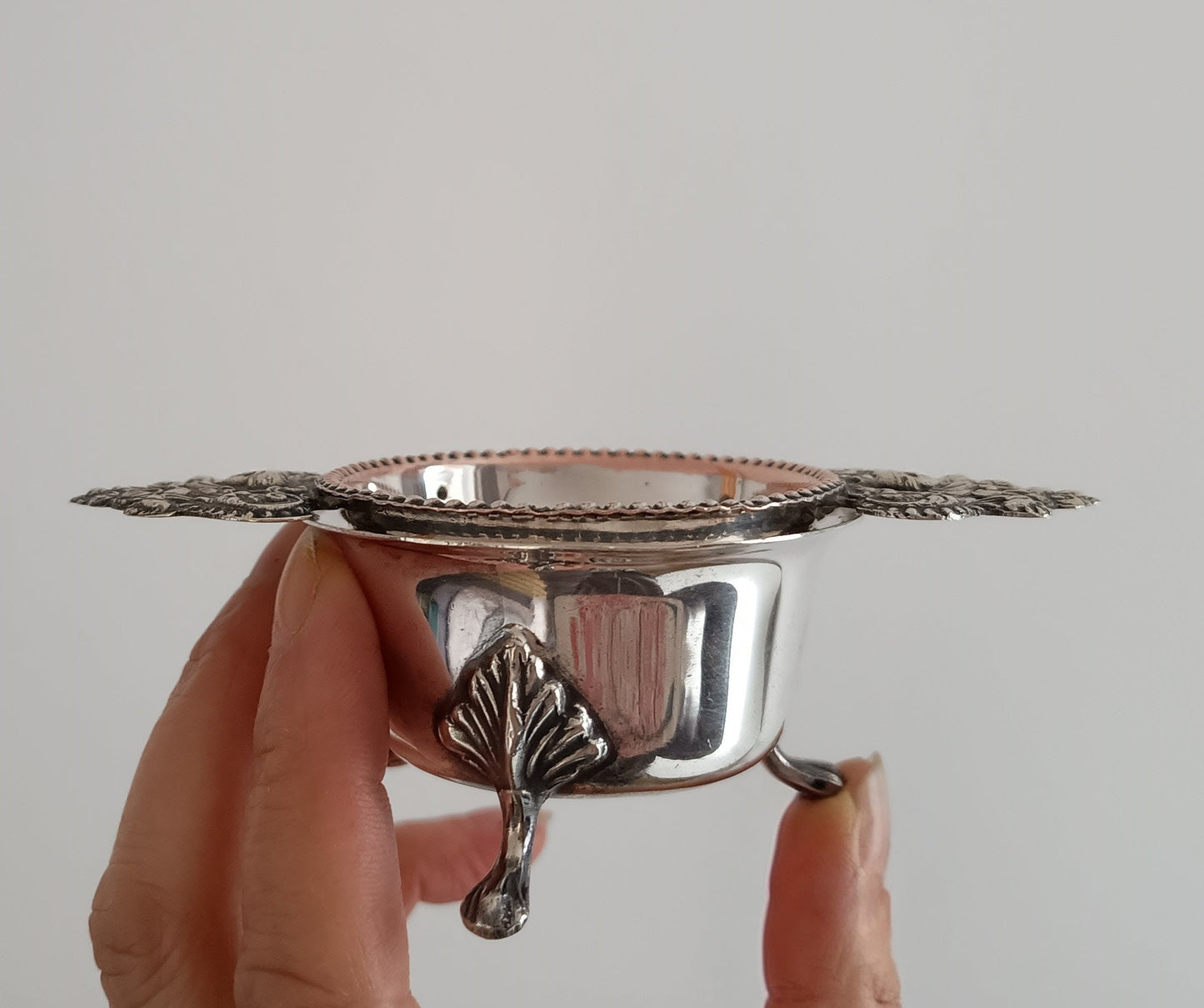 Antique Renaissance Revival Silver Plate 2-Part Tea Strainer, Belle Epoque England c 1890