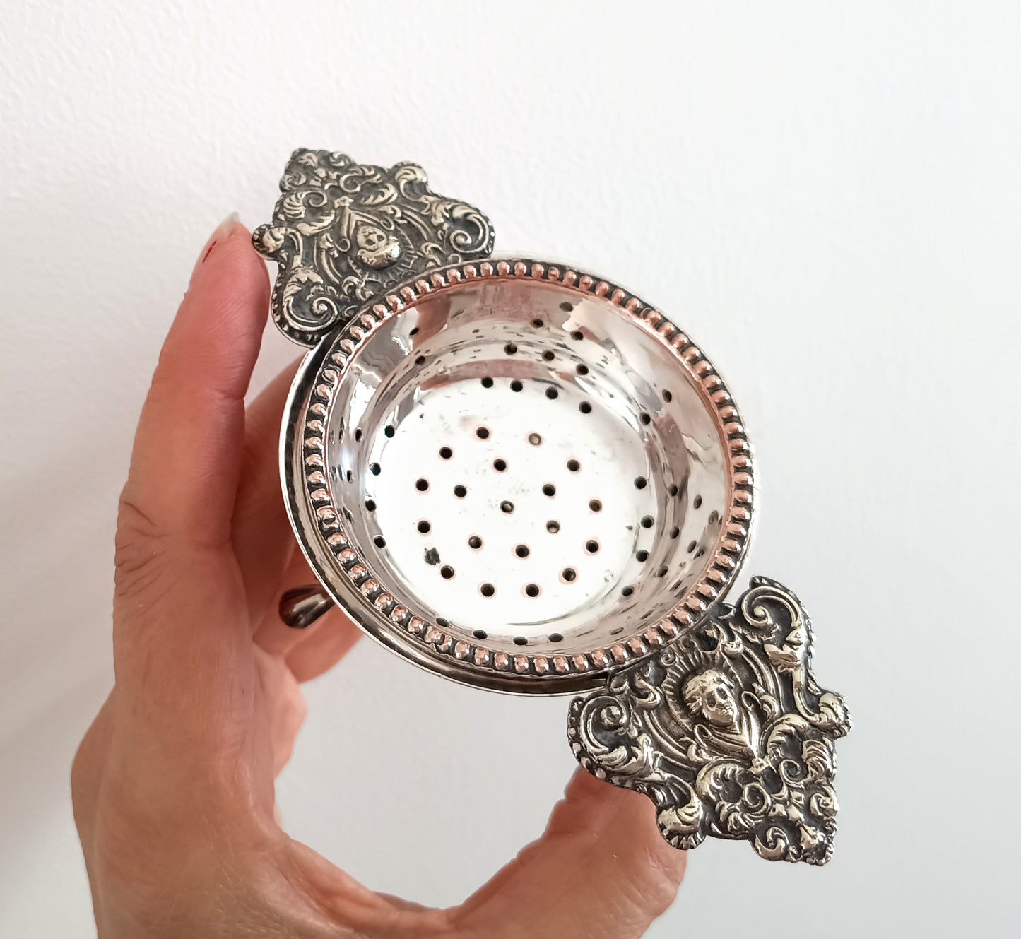 Antique Renaissance Revival Silver Plate 2-Part Tea Strainer, Belle Epoque England c 1890