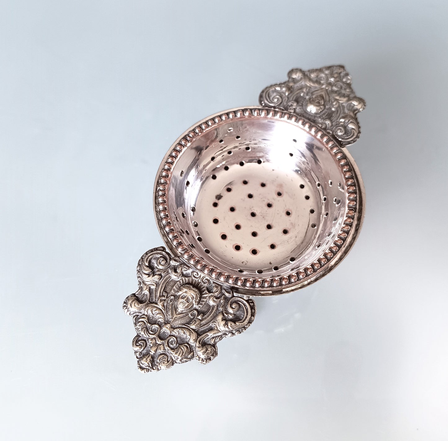 Antique Renaissance Revival Silver Plate 2-Part Tea Strainer, Belle Epoque England c 1890