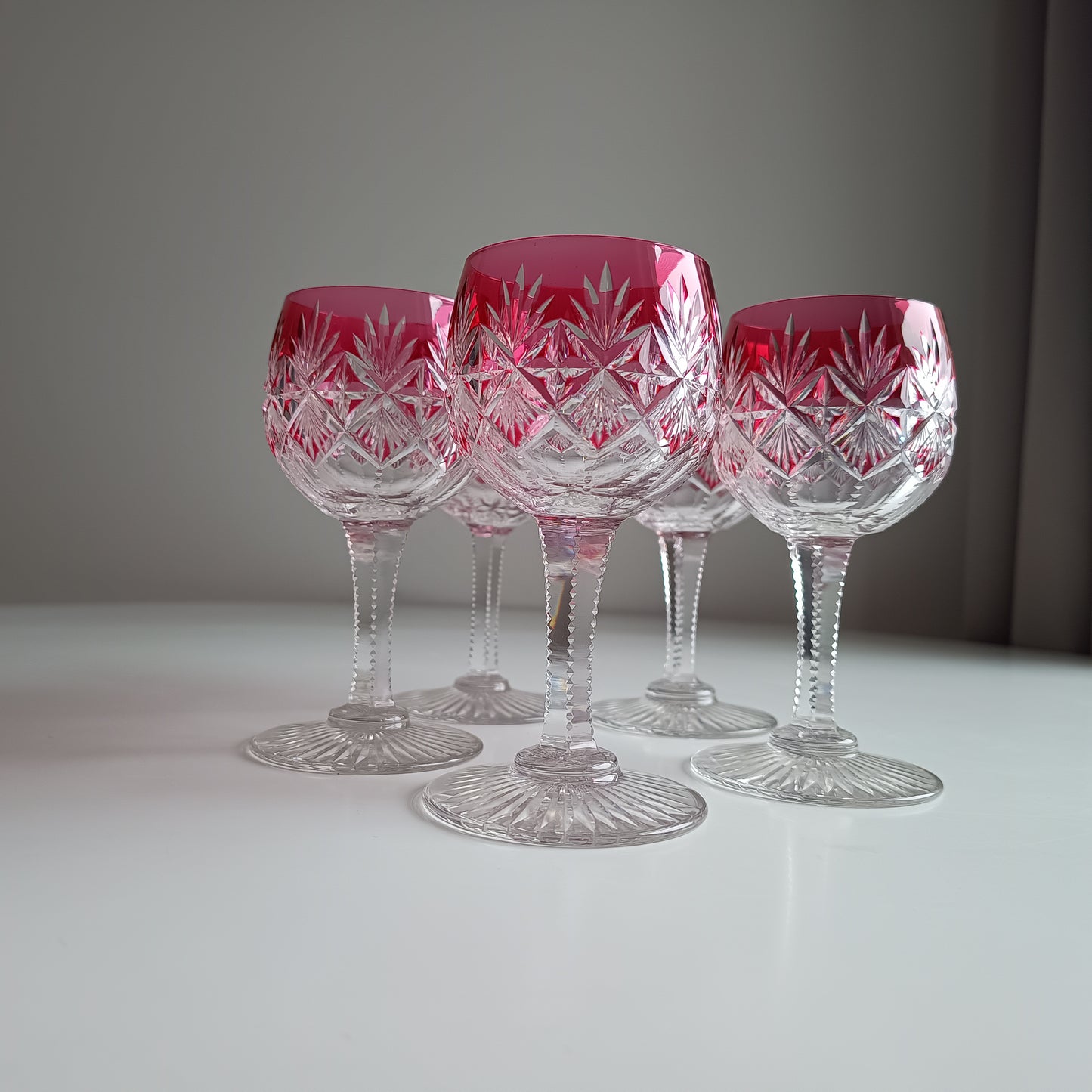 Art Deco English Cut Crystal Wine Glasses: 5 Strawberry Pink, Walsh Walsh, Birmingham 1930s