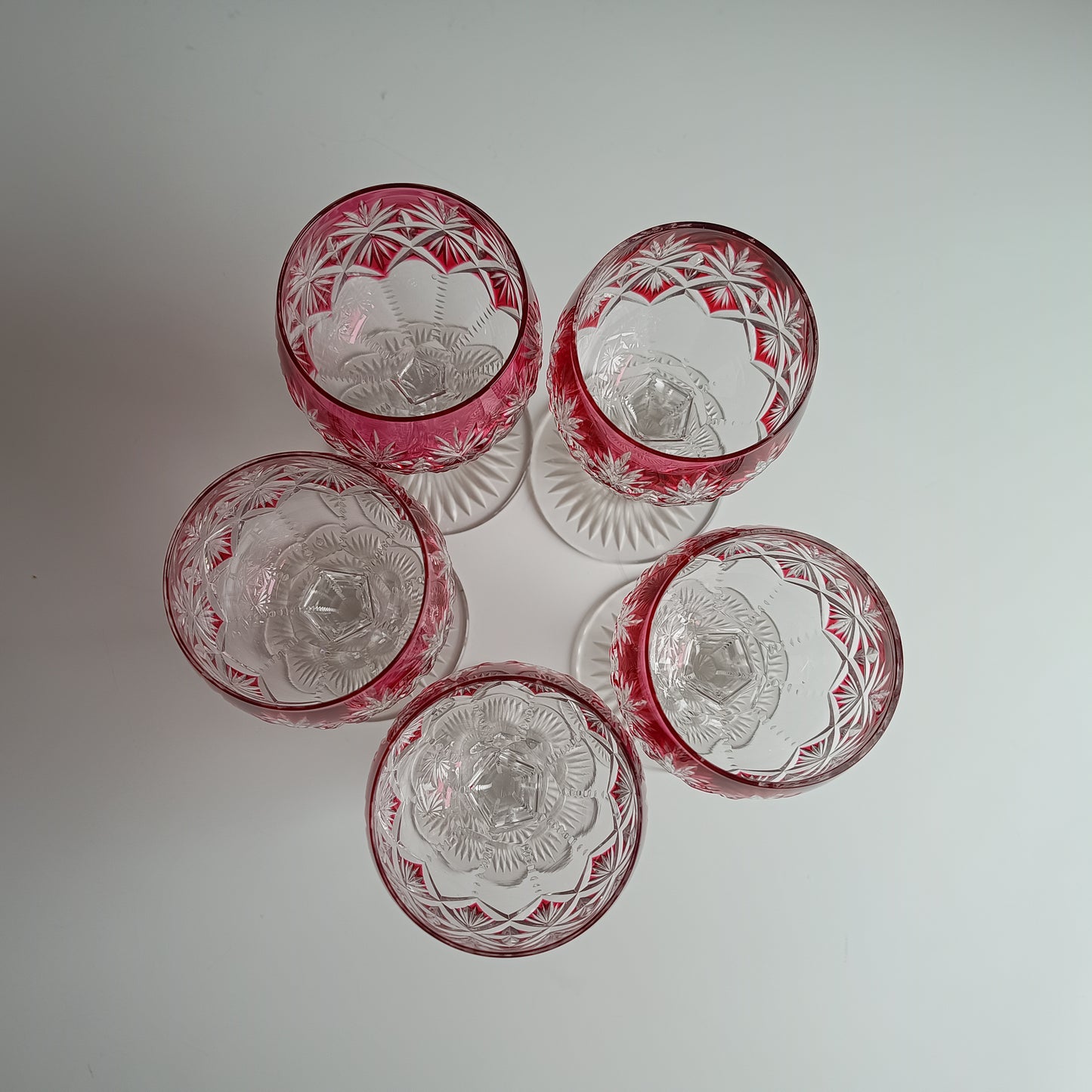 Art Deco English Cut Crystal Wine Glasses: 5 Strawberry Pink, Walsh Walsh, Birmingham 1930s