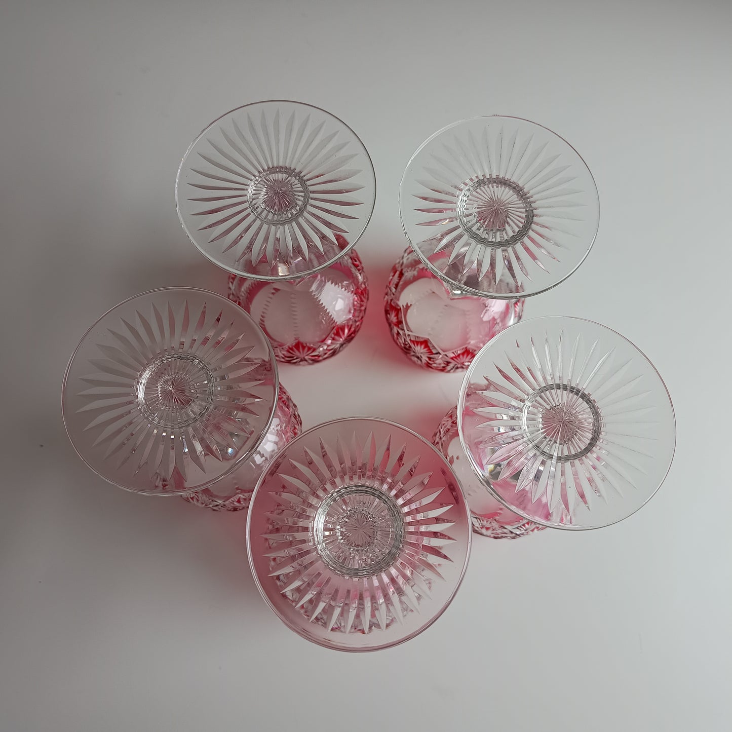 Art Deco English Cut Crystal Wine Glasses: 5 Strawberry Pink, Walsh Walsh, Birmingham 1930s