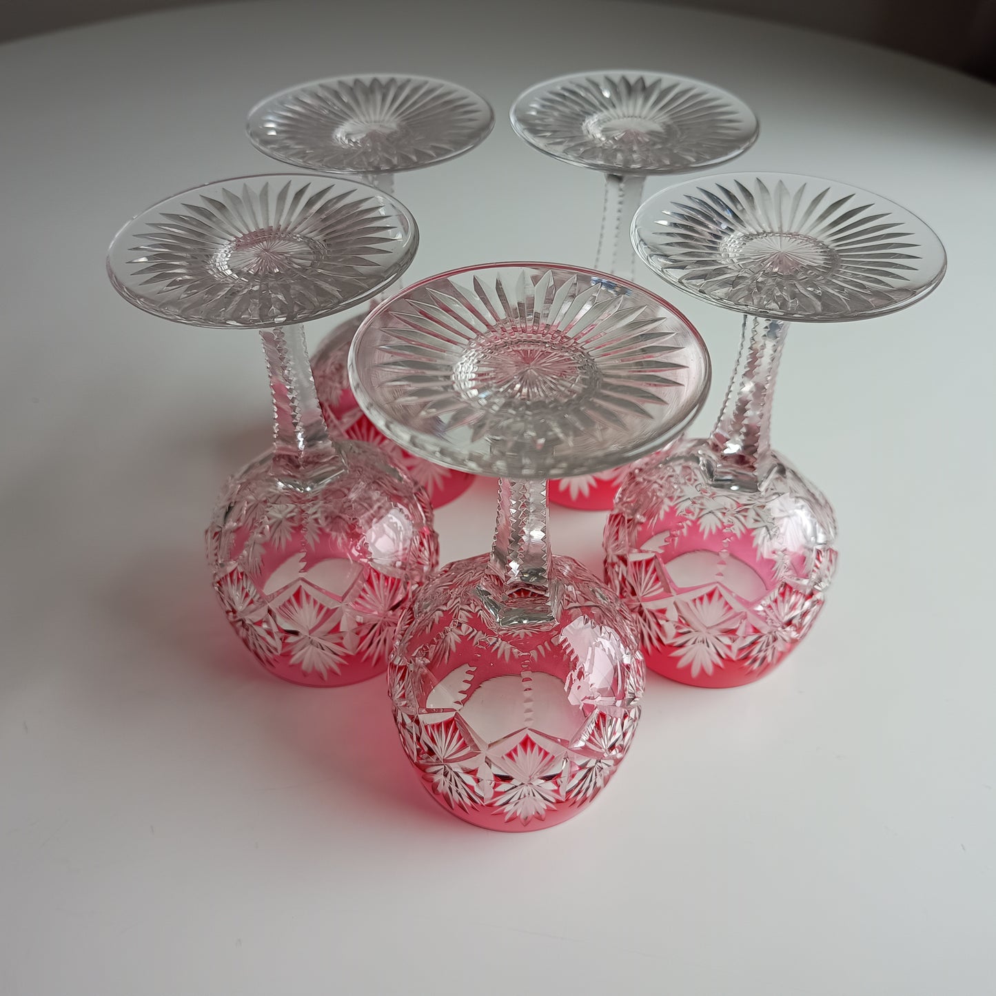 Art Deco English Cut Crystal Wine Glasses: 5 Strawberry Pink, Walsh Walsh, Birmingham 1930s