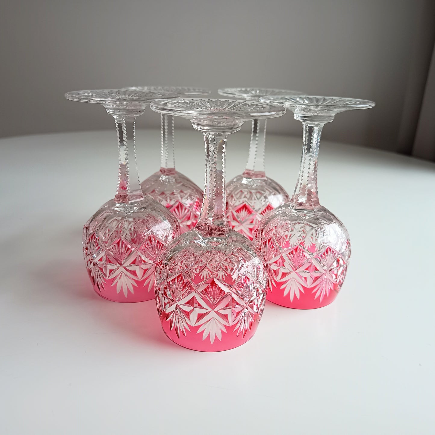 Art Deco English Cut Crystal Wine Glasses: 5 Strawberry Pink, Walsh Walsh, Birmingham 1930s