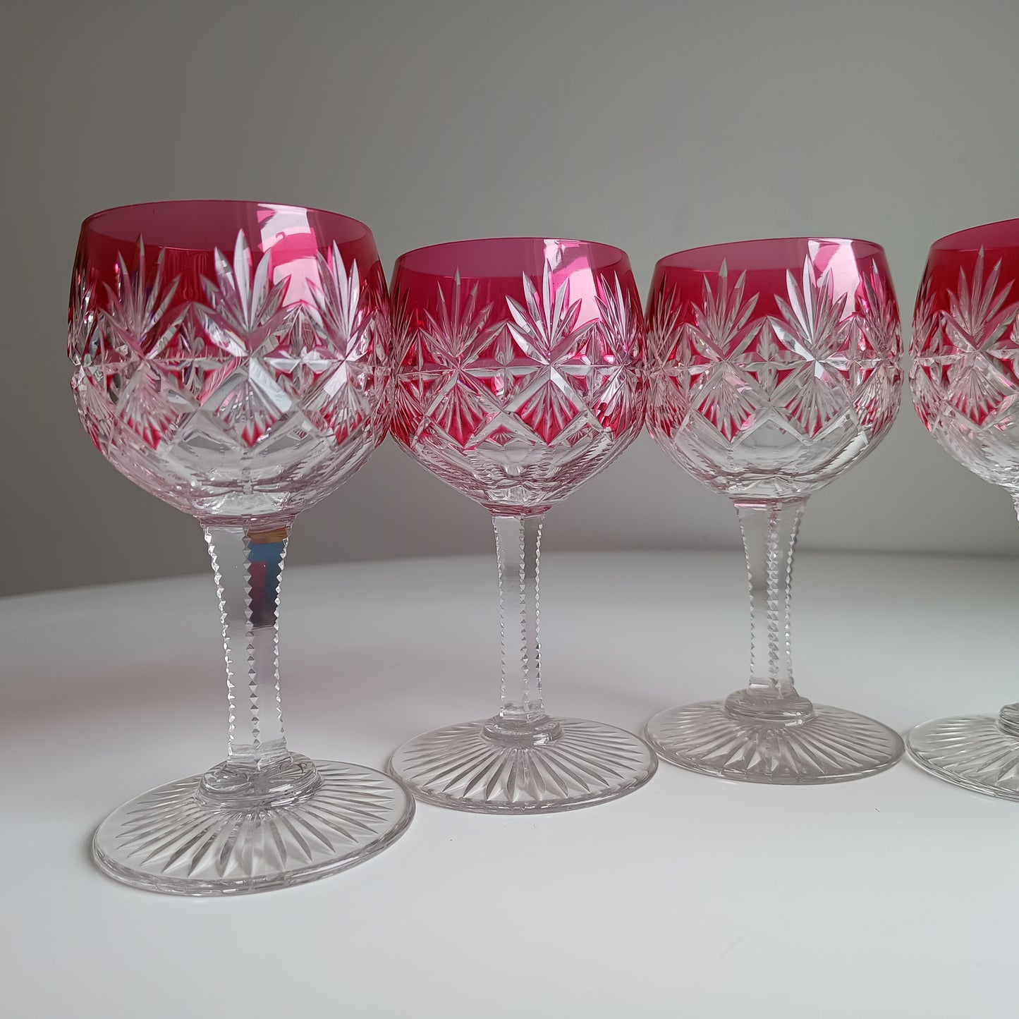Art Deco English Cut Crystal Wine Glasses: 5 Strawberry Pink, Walsh Walsh, Birmingham 1930s