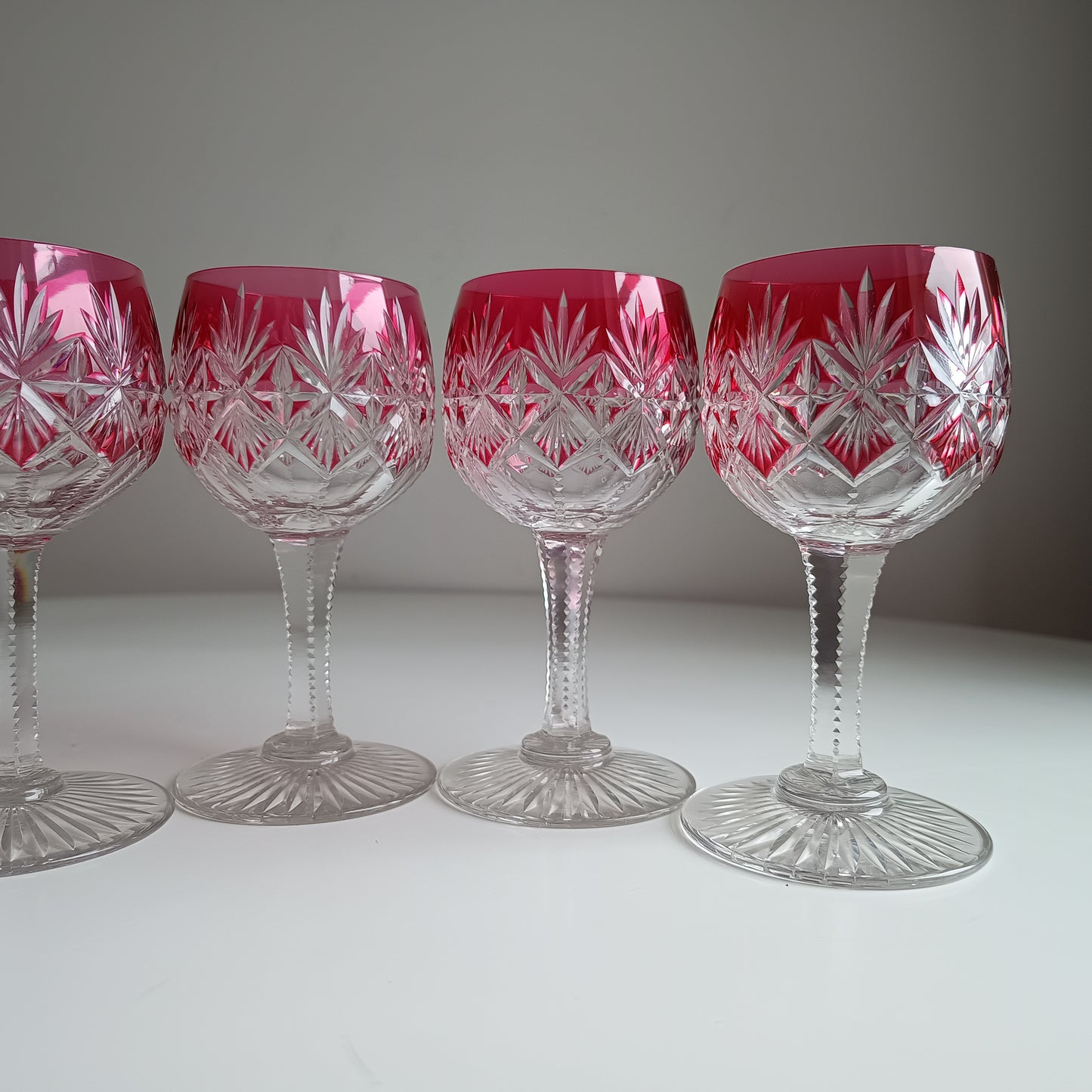 Art Deco English Cut Crystal Wine Glasses: 5 Strawberry Pink, Walsh Walsh, Birmingham 1930s