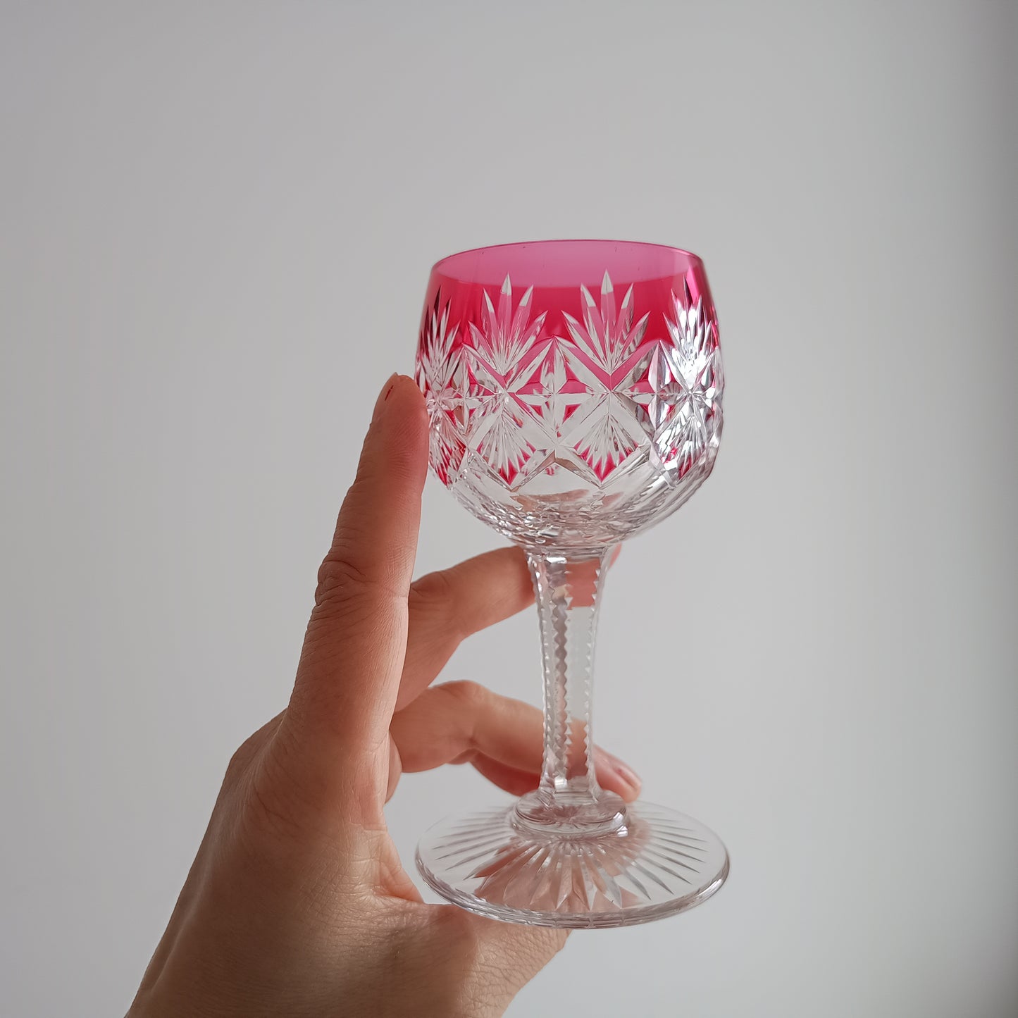Art Deco English Cut Crystal Wine Glasses: 5 Strawberry Pink, Walsh Walsh, Birmingham 1930s